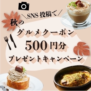 【平日限定】SNS投稿の提示でグルメ500円OFFクーポンプレゼント